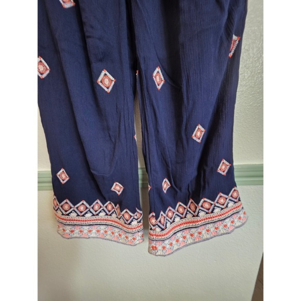 Sundance Navy Blue Embroidered Small Wide Leg Boho Pants Elastic Waist Gauzey - Picture 7 of 16